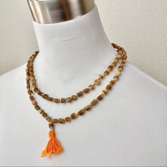 VINTAGE Unique Tulsi Mala from Vrindavan w/ Bark - Hand Carved Tulsi Wood Beads - Picture 3 of 7